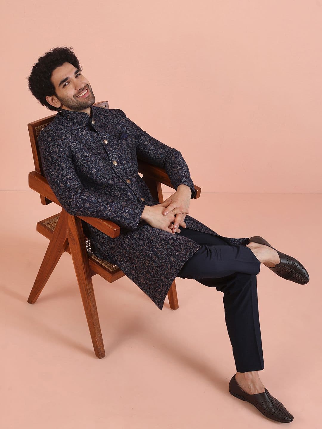 KISAH Men Self Design Ethnic Motifs Indowestern Sherwani Trouser Set - view 1