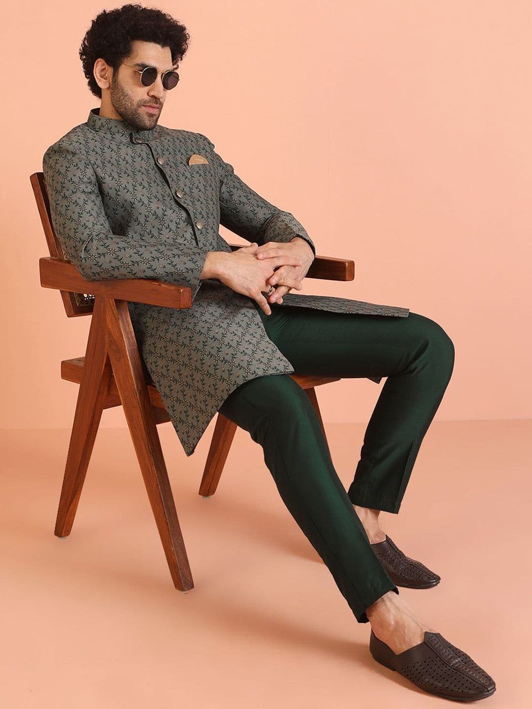 KISAH Men Self Design Floral Indowestern Sherwani Trouser Set - view 1