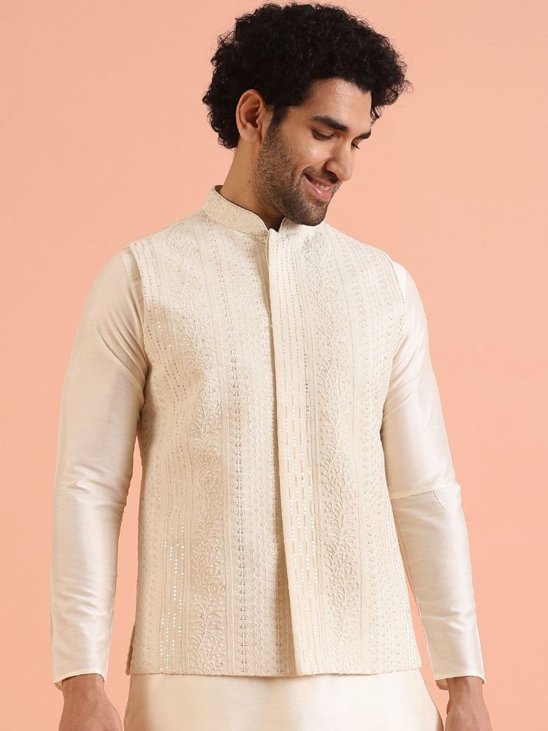 KISAH Embroidered Mandarin Collar Chikankari Nehru Jacket - view 1