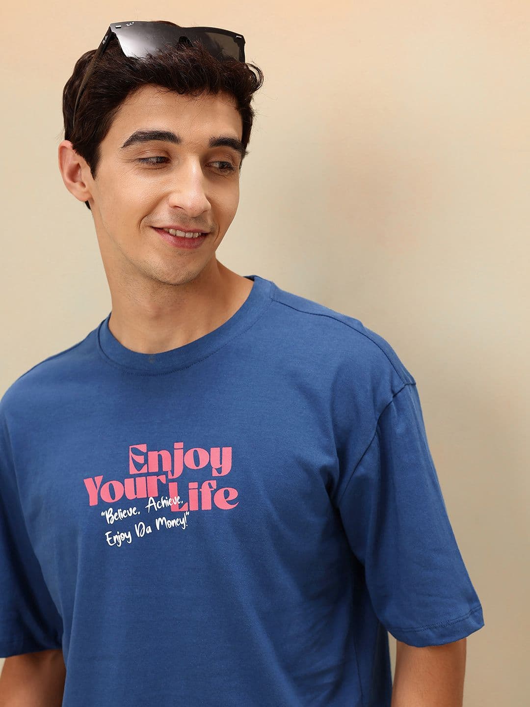 Mast & Harbour Typography Printed Drop-Shoulder Sleeves Pure Cotton Relaxed Fit T-shirt - view 1