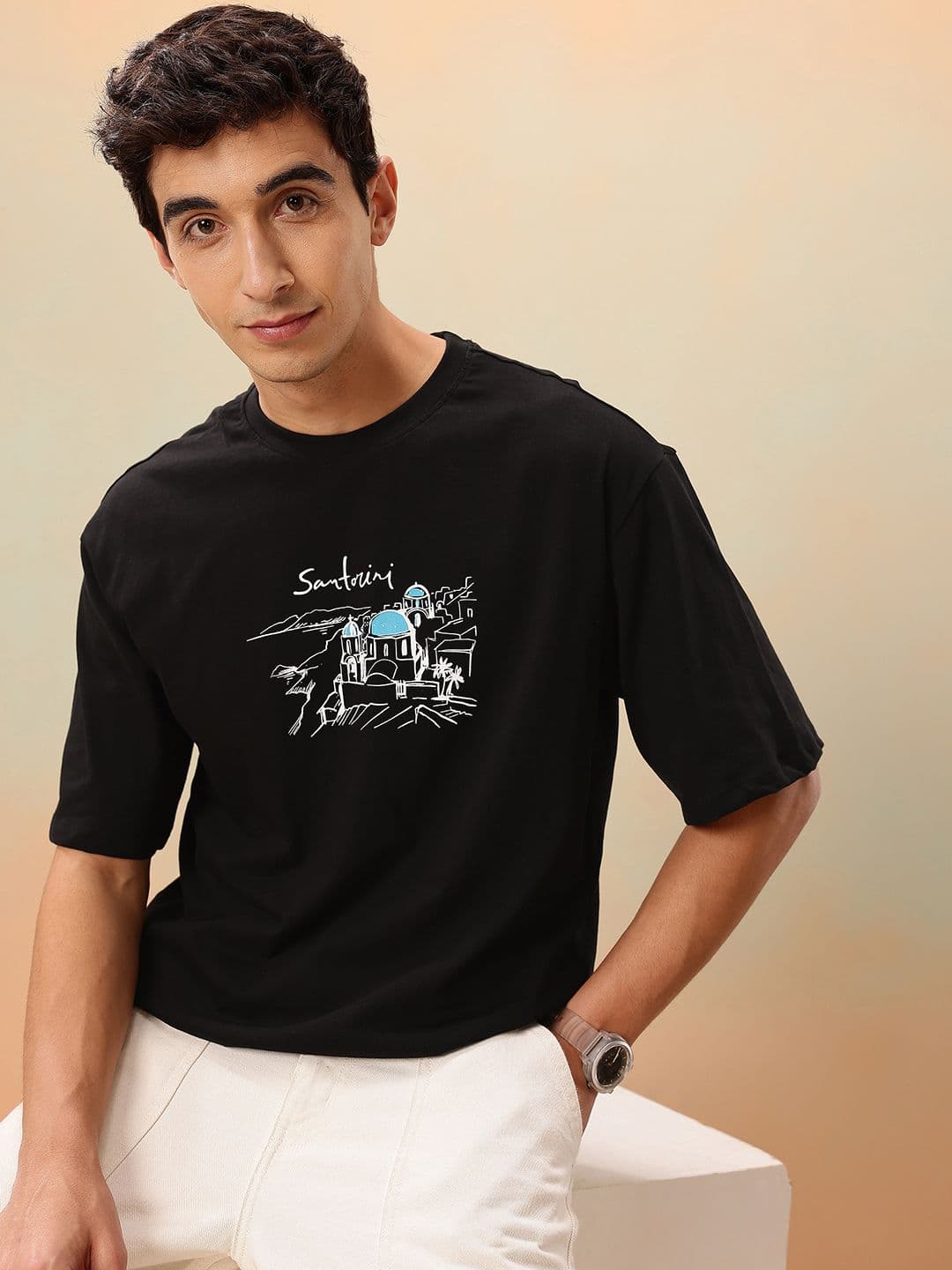 Mast & Harbour Graphic Printed Drop-Shoulder Sleeves Pure Cotton Relaxed Fit T-shirt - view 1
