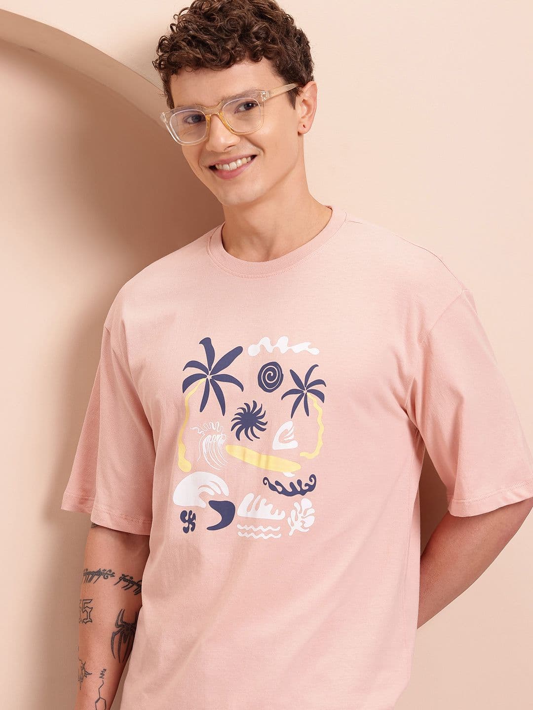 Mast & Harbour Printed Drop-Shoulder Sleeves Pure Cotton T-shirt - view 1