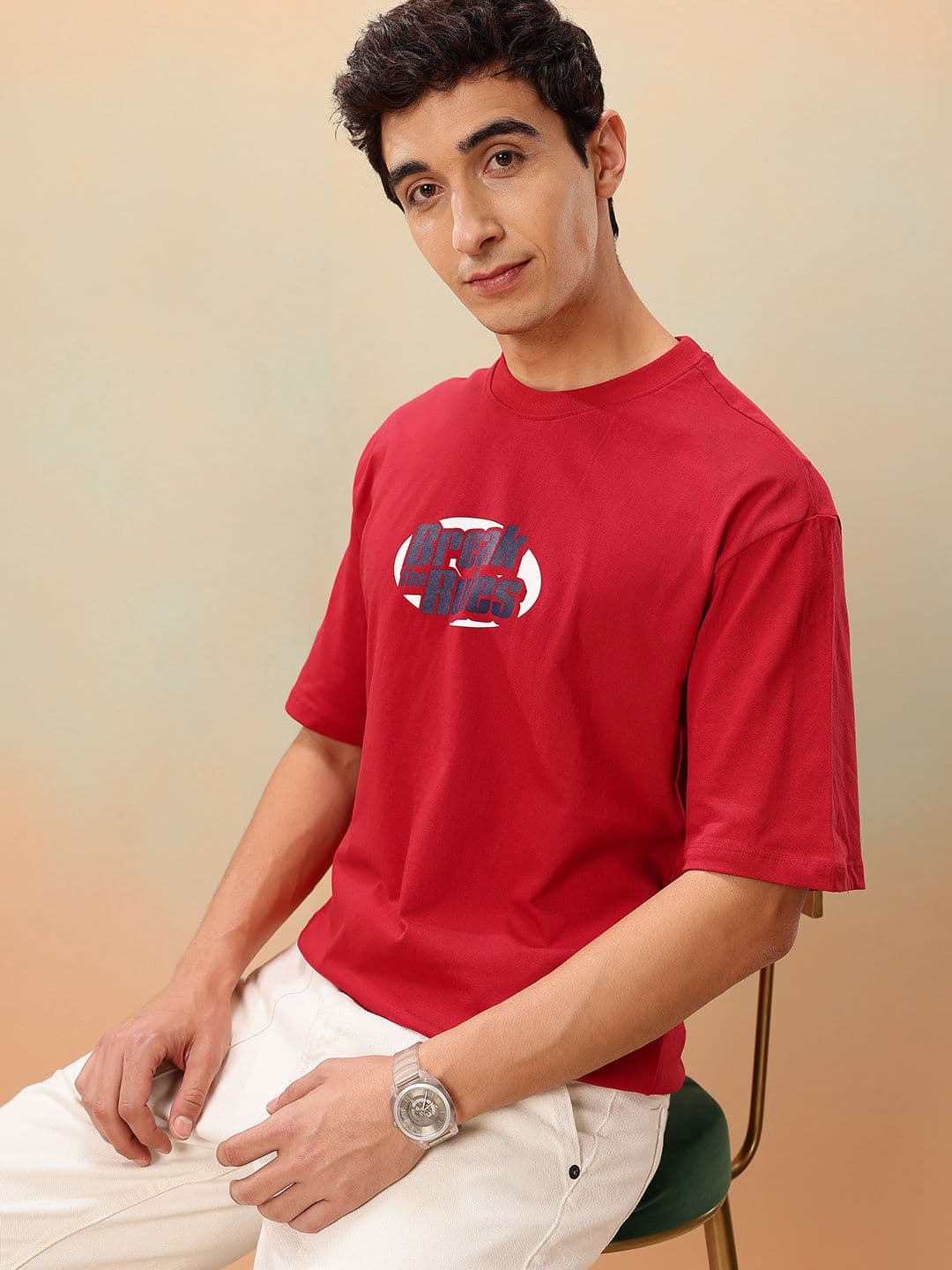 Mast & Harbour Typography Printed Drop-Shoulder Sleeves Pure Cotton Relaxed Fit T-shirt - view 1