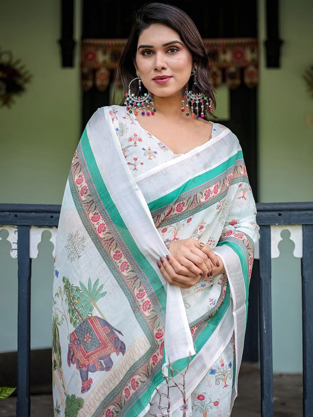 Mitera Pure Linen Ethnic Motifs Printed Saree With Unstitched Blouse Piece - view 1