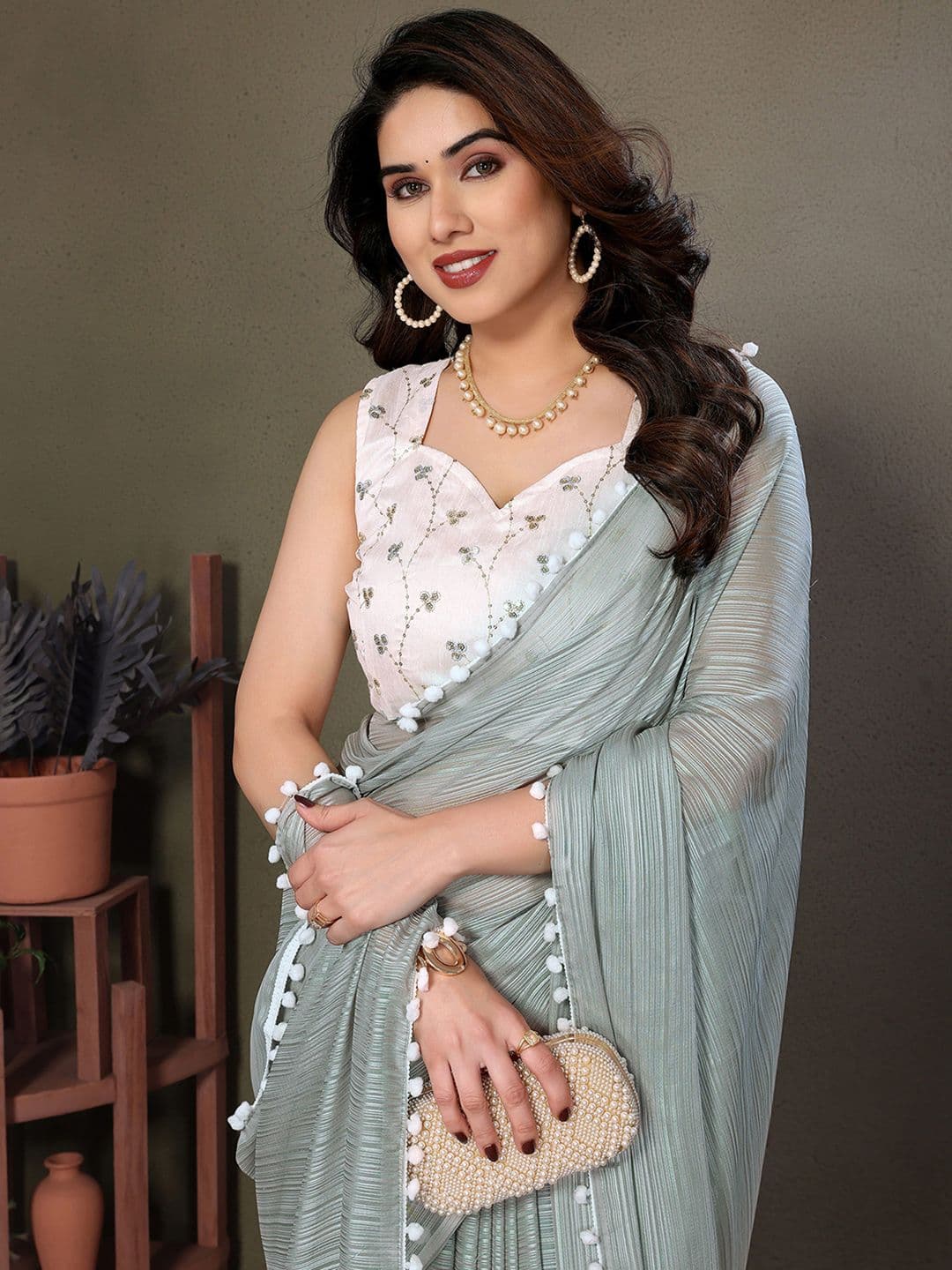 Mitera Striped Pure Chiffon Saree with Pom- pom Border - view 1