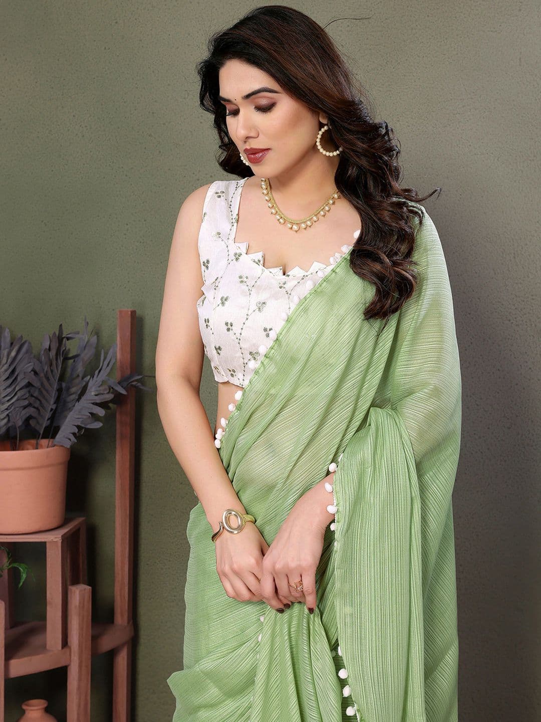 Mitera Striped Embroidered Chiffon Saree - view 1