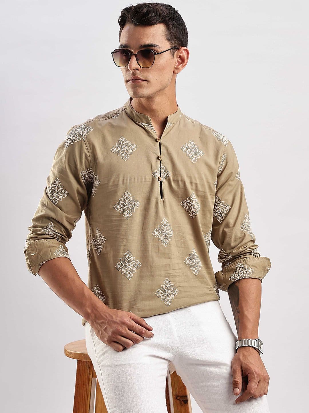 HERE&NOW Floral Embroidered Mandarin Collar Cotton Short Kurta - view 1