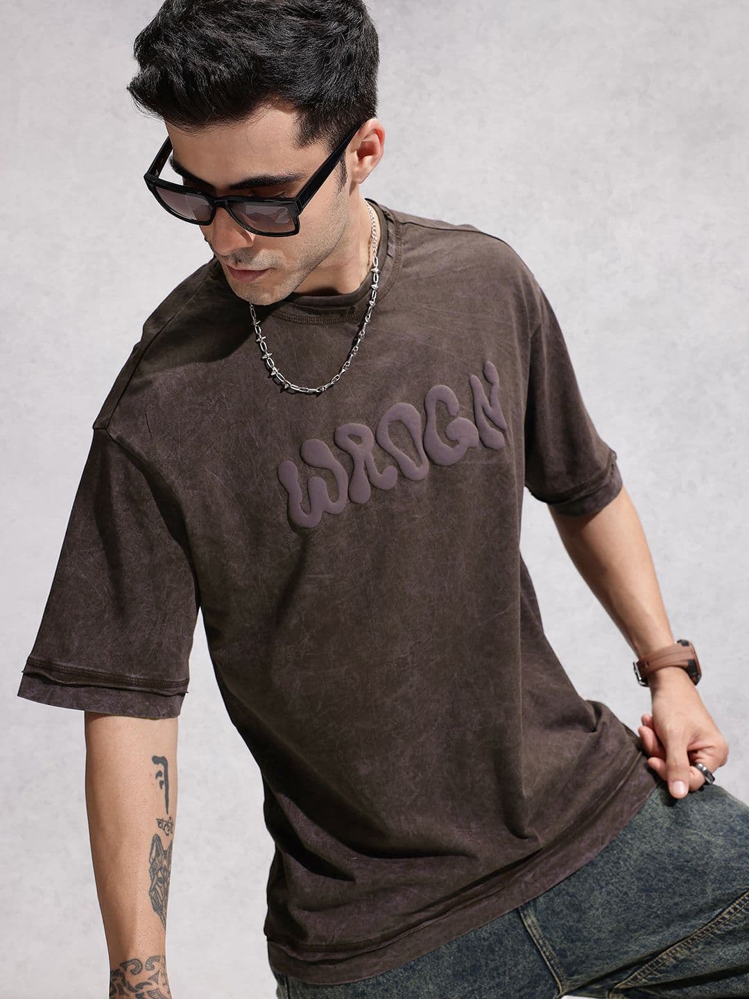 WROGN Oversized Fit Typography Puff Printed Pure Cotton T-shirt - view 1