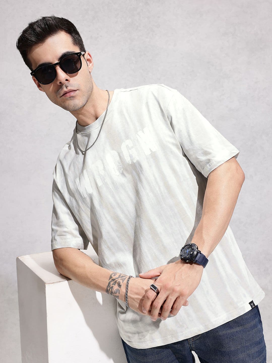 WROGN Dyed Brand Logo Printed Pure Cotton Oversized T-shirt - view 1