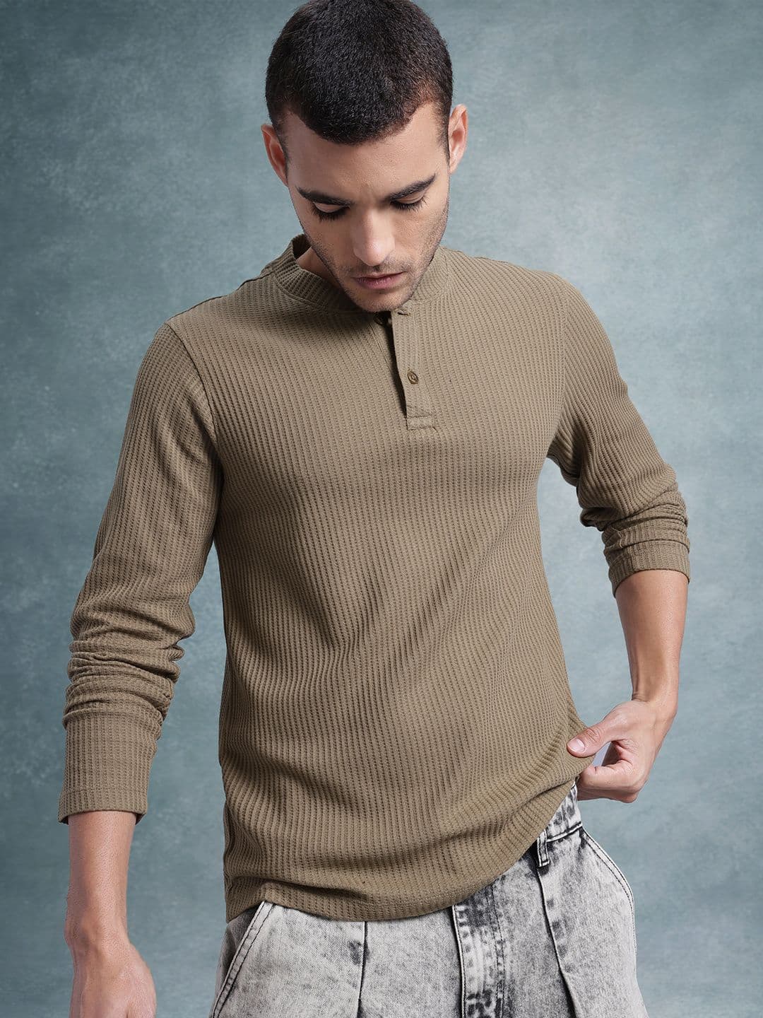 The Roadster Lifestyle Co. Men Self Design Mandarin Collar T-shirt - view 1