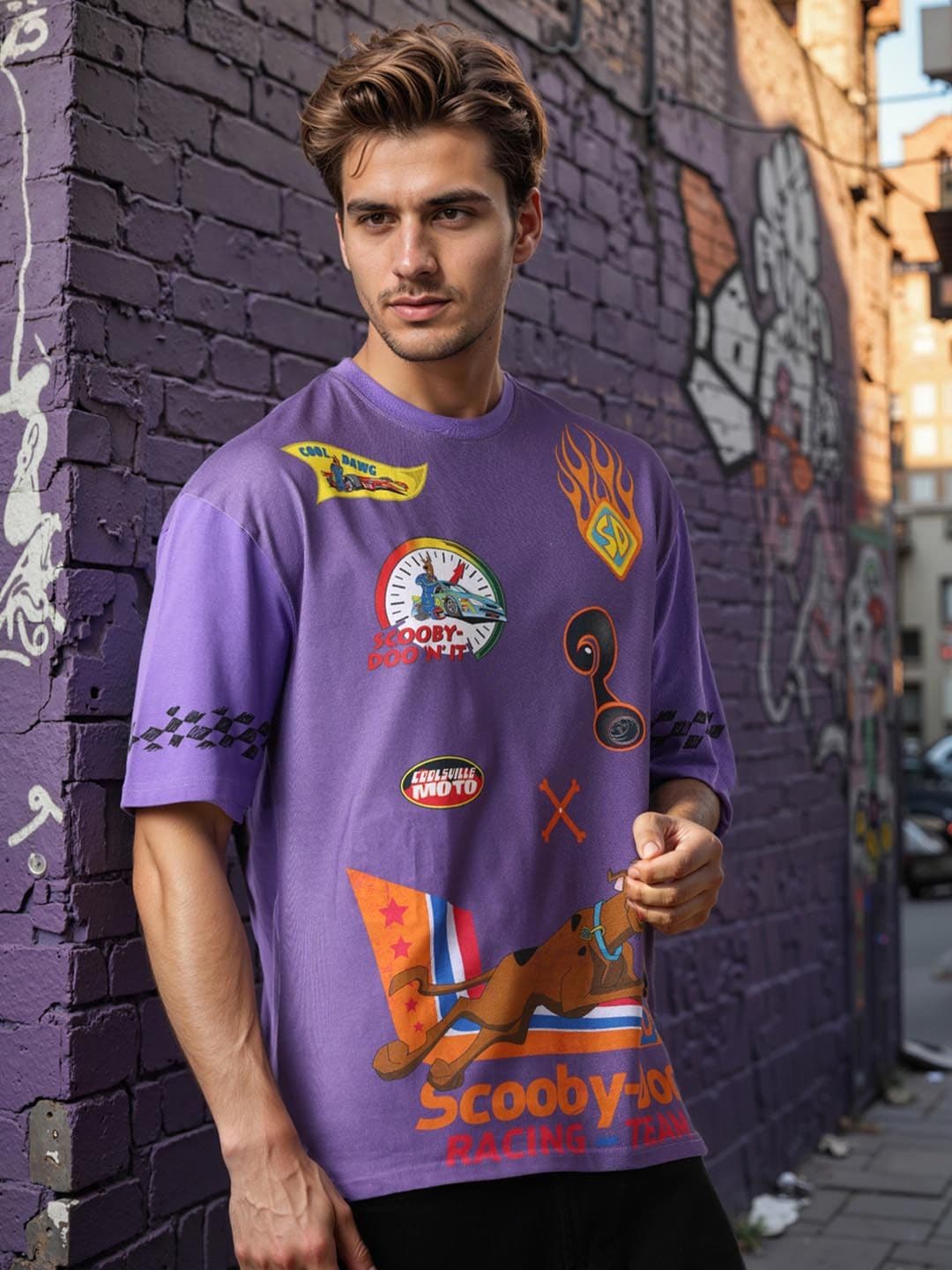 The Indian Garage Co Men Scooby-Doo Graphic Printed Round Neck Cotton Oversized T-shirt - view 1