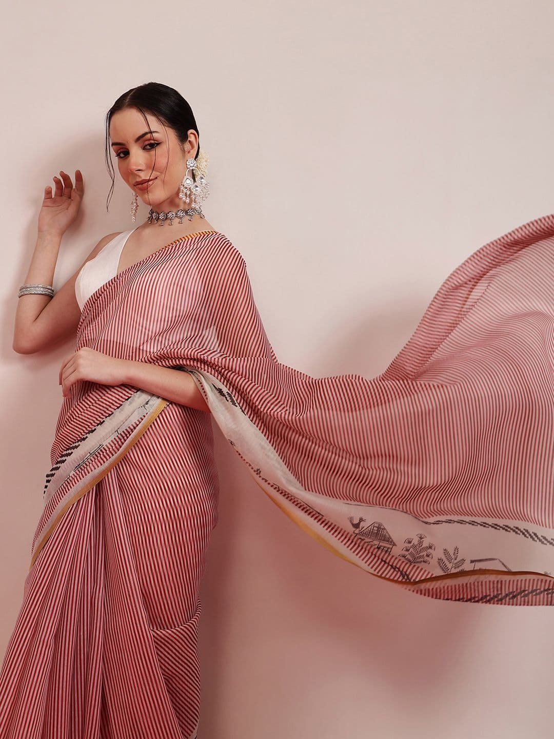 Silk Land Striped Digital Printed Zari Chanderi Saree - view 1