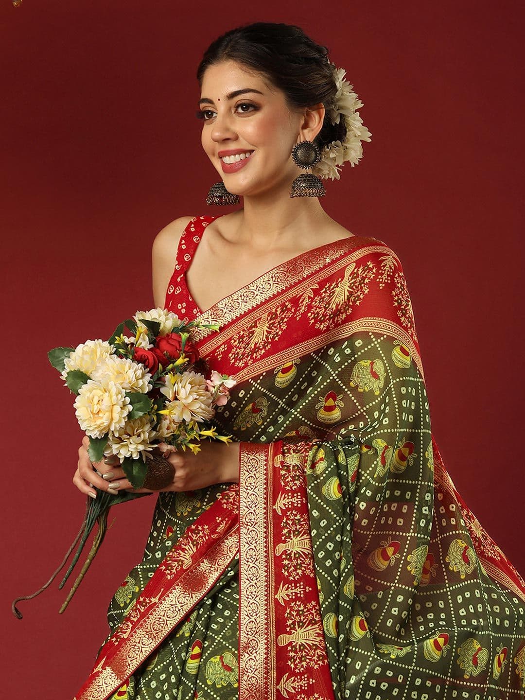 KALINI Bandhani Zari Pure Georgette Bandhani Saree - view 1
