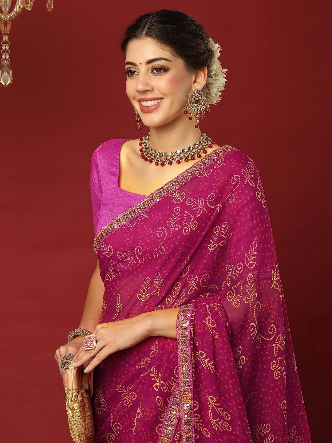 Mitera Bandhani Printed Sequinned Pure Georgette Saree - view 1