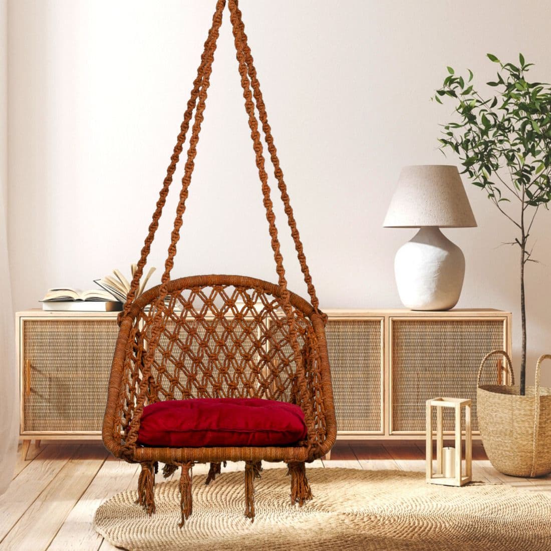 Patiofy Brown & Red Cotton D-Shaped Comfortable Hammock Swing Chair With Cushion - view 1