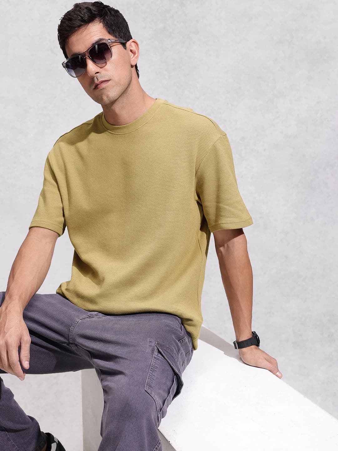 WROGN Self Design Textured Pure Cotton Oversized T-shirt - view 1