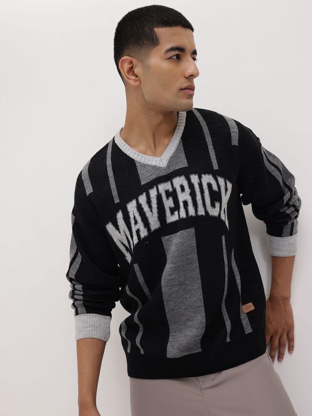 The Roadster Life Co. Typography Self-Design V-Neck Acrylic Pullover with Striped Detail - view 1