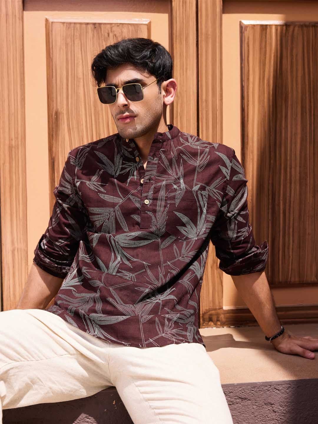 VASTRADO Dotted Leaf Printed Band Collar Cotton Straight Short Kurta - view 1
