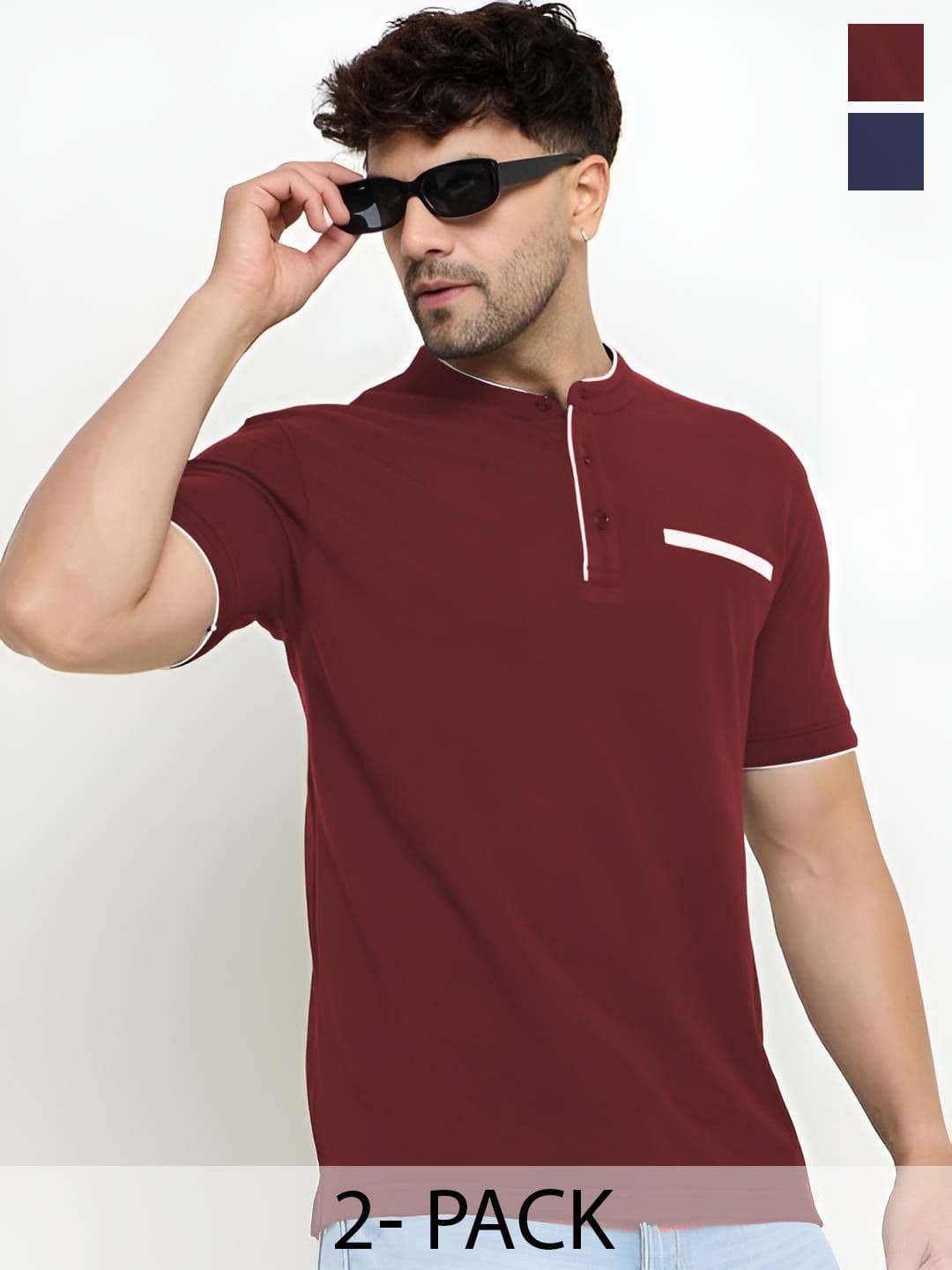 REYA Pack Of 2 Mandarin Collar Cotton T-shirts - view 1