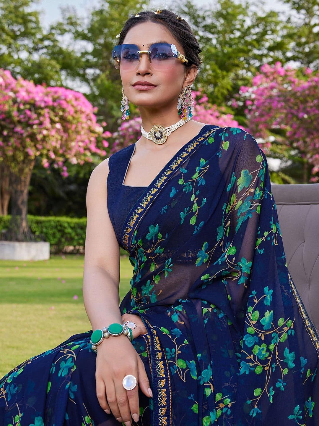 KALINI Women Blue Floral Pure Chiffon Saree - view 1