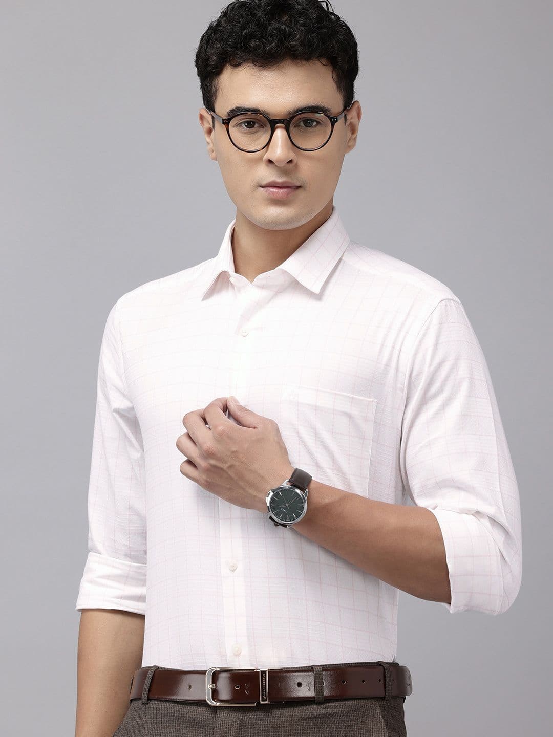 Arrow Pure Cotton Manhattan Slim Fit Grid Tattersall Checked Textured Formal Shirt - view 1