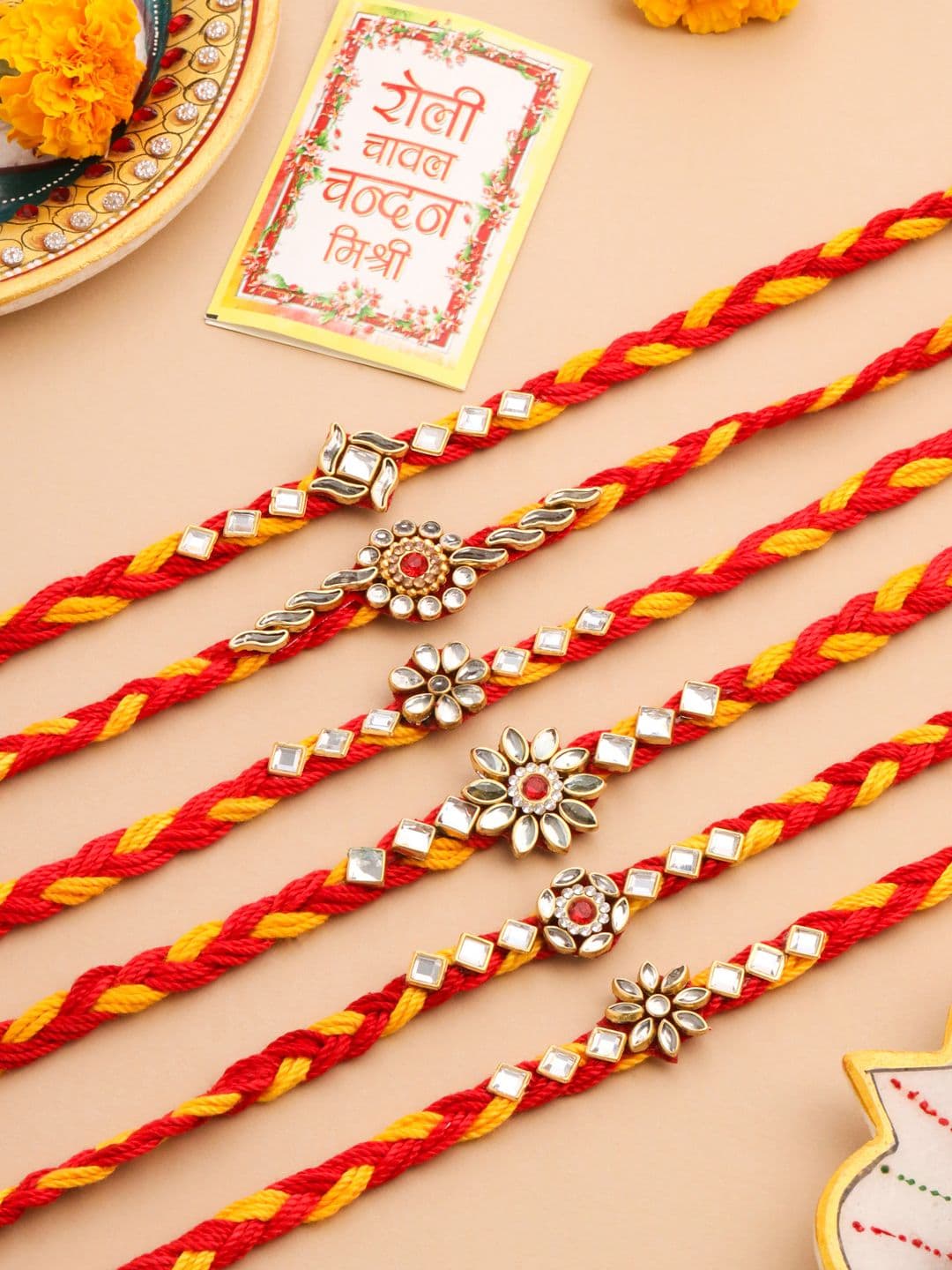 NVR Men Set Of 6 Red & Yellow Kundan Studded Floral Design Thread Rakhi With Roli Chawal - view 1