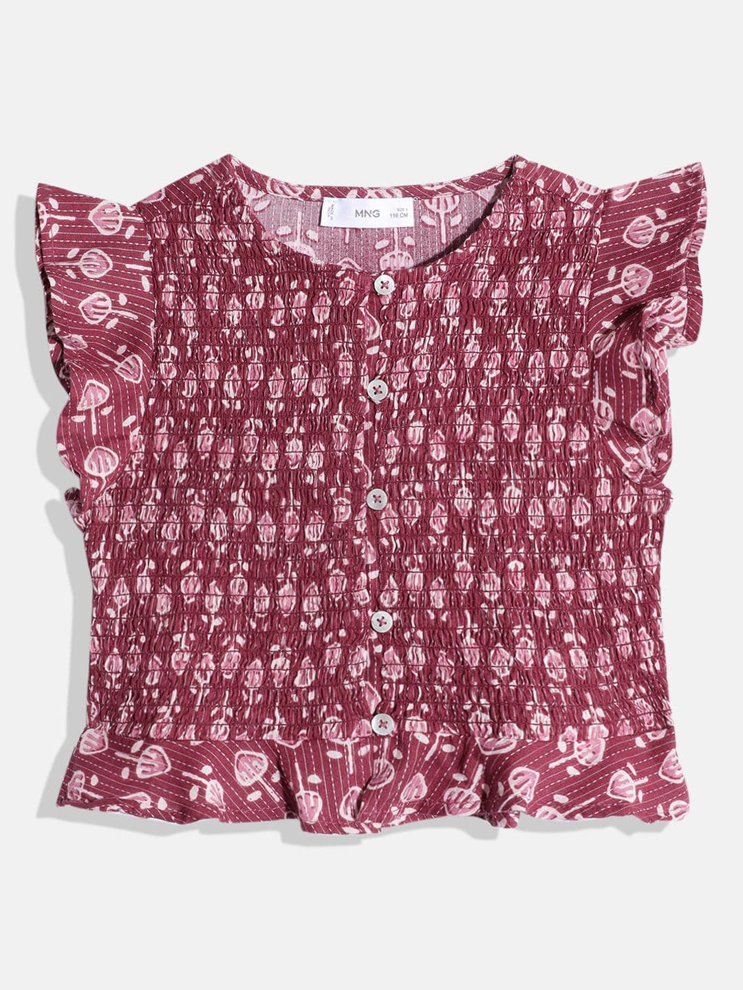 Mango Kids Girls Ethnic Print Flutter Sleeve Smocked Crop Top - view 1