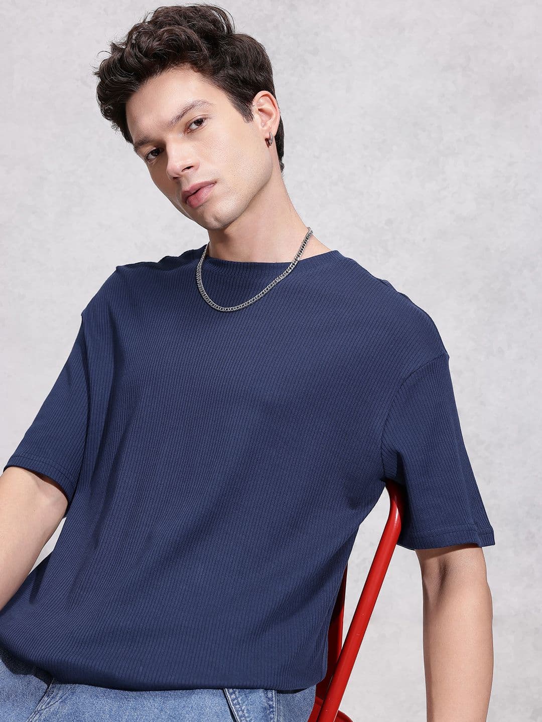 WROGN Self Striped Drop-Shoulder Sleeves Pure Cotton T-shirt - view 1
