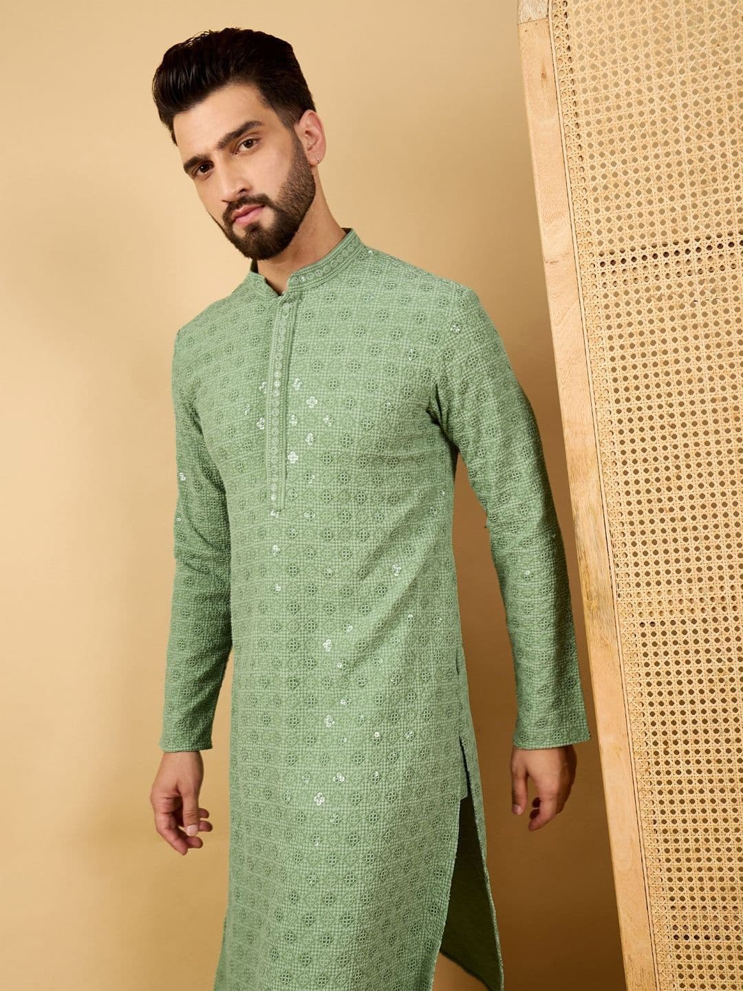 House of Pataudi Embroidered Sequinned Mandarin Collar Straight Kurta - view 1