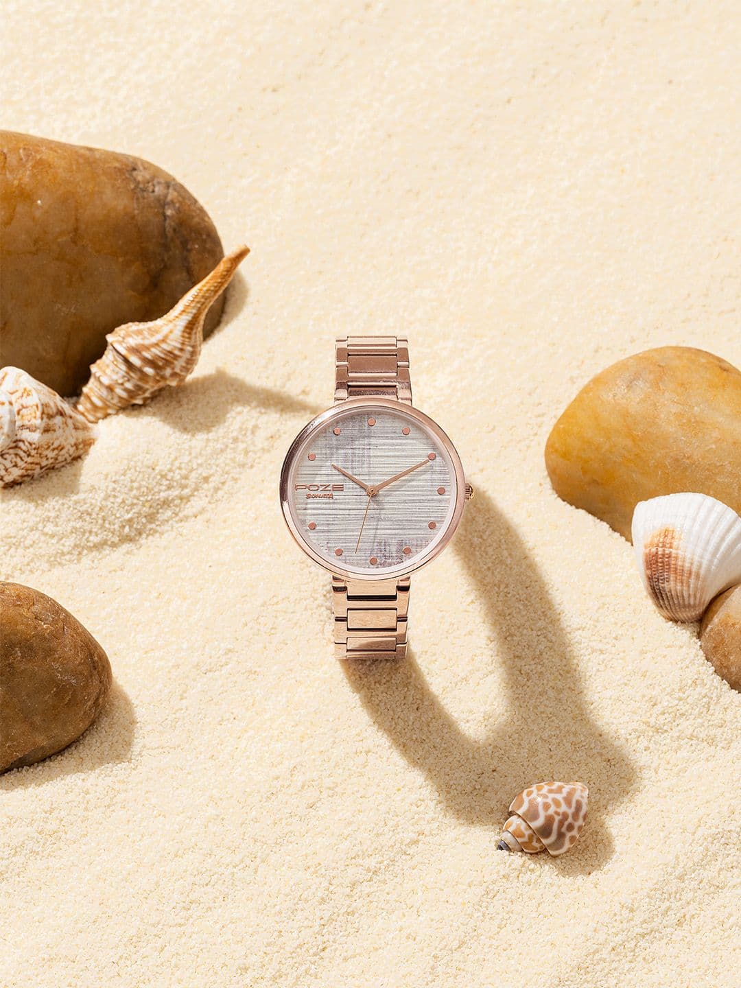 Sonata Poze Women Brass Patterned Dial & Stainless Steel Bracelet Style Straps Analogue Watch - view 1
