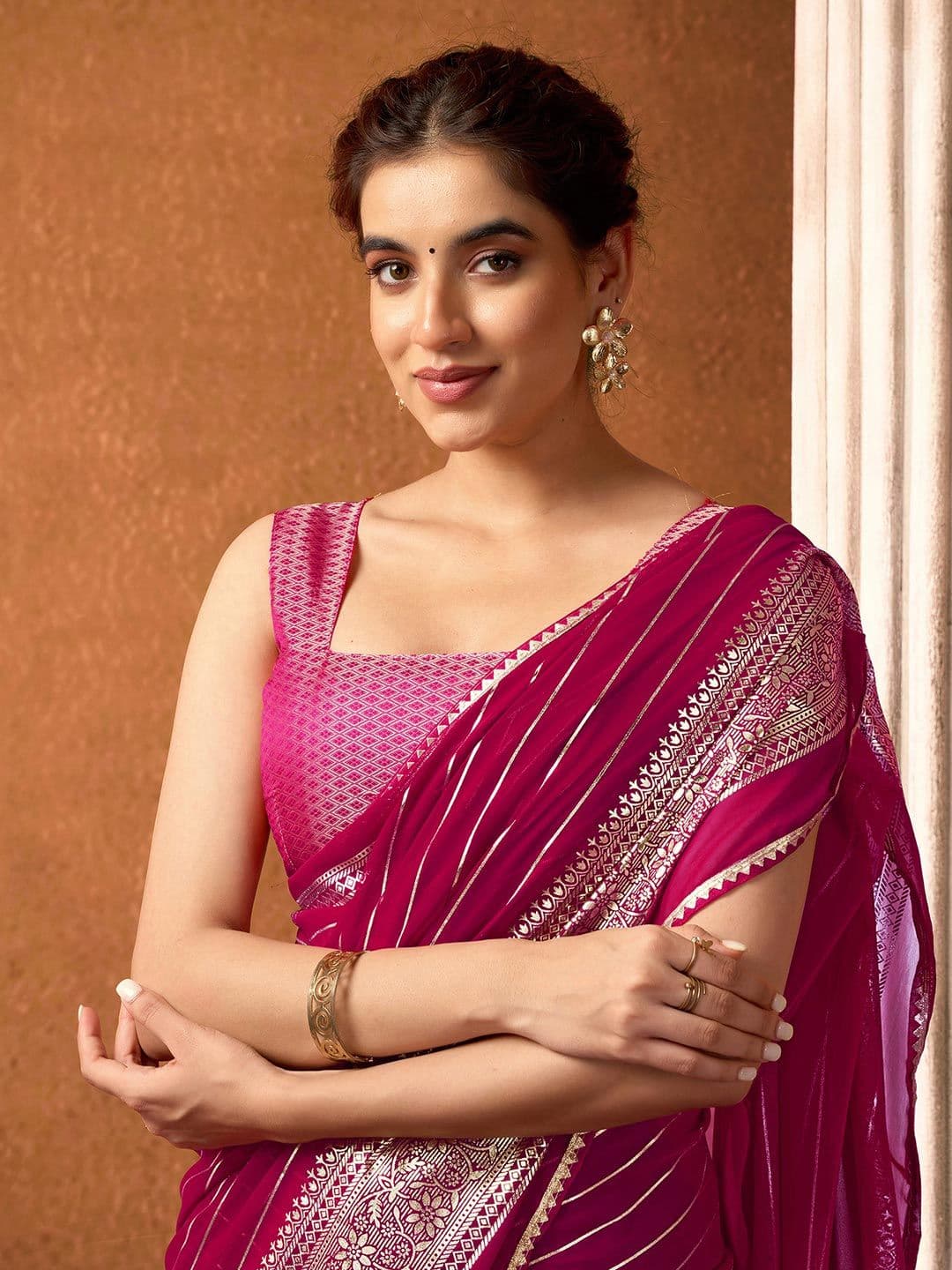 KALINI Women Striped Print Saree With Unstiched Blouse Piece - view 1