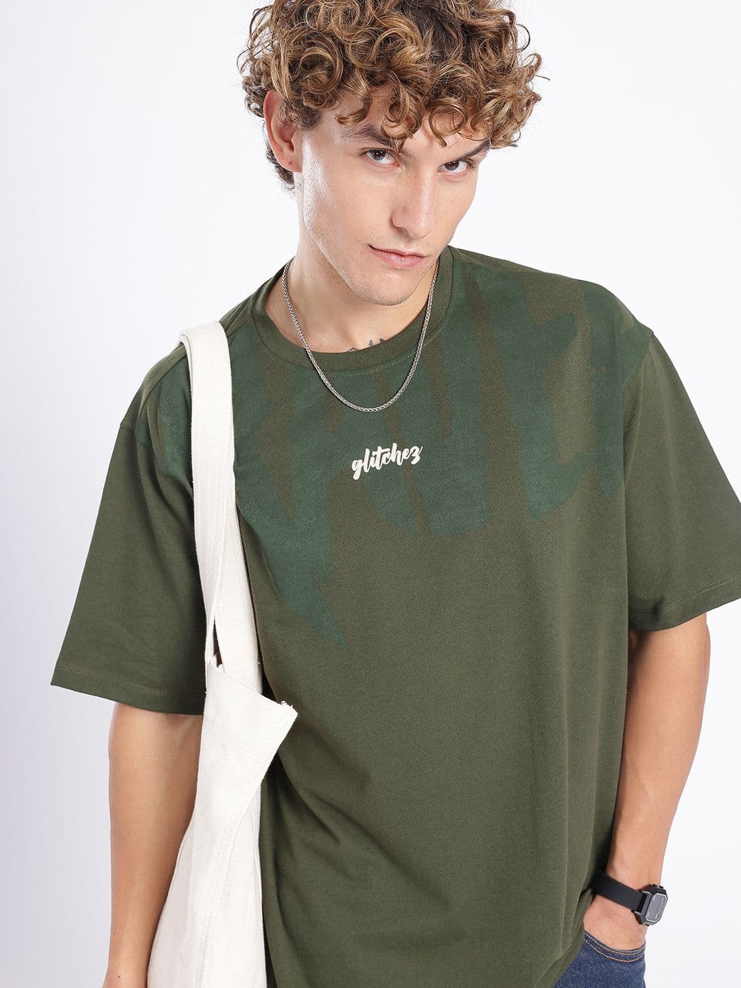glitchez Men Olive Green Oversized T-shirt - view 1