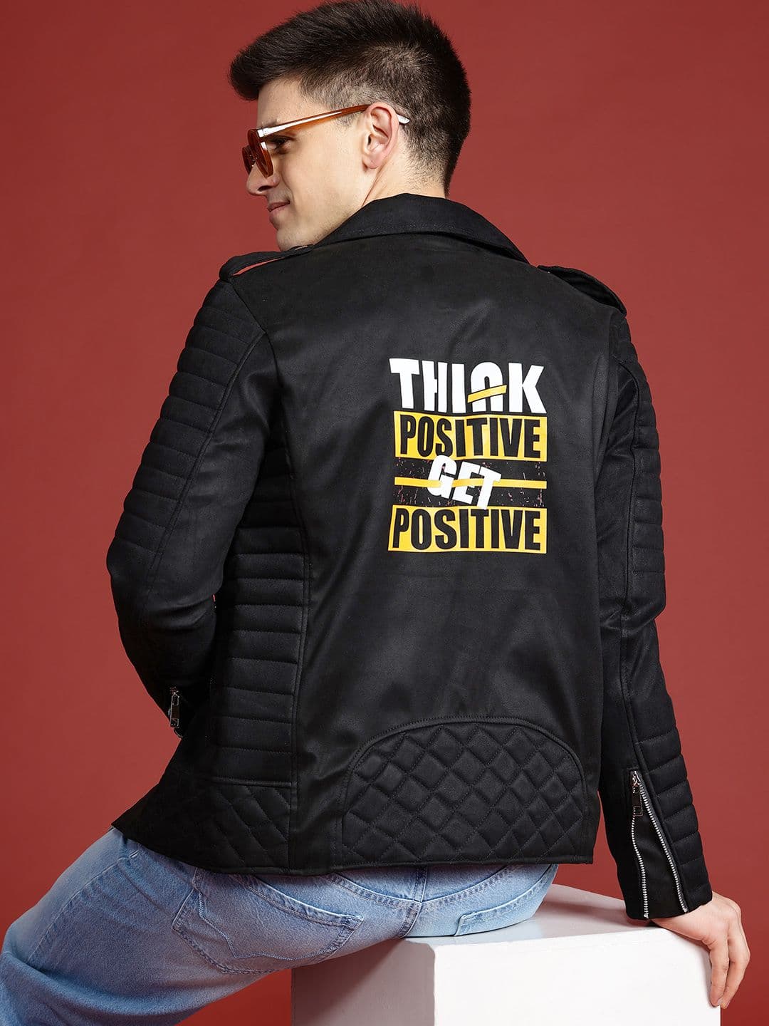 Leather Retail Typography Printed Suede Faux Leather Jacket - view 1