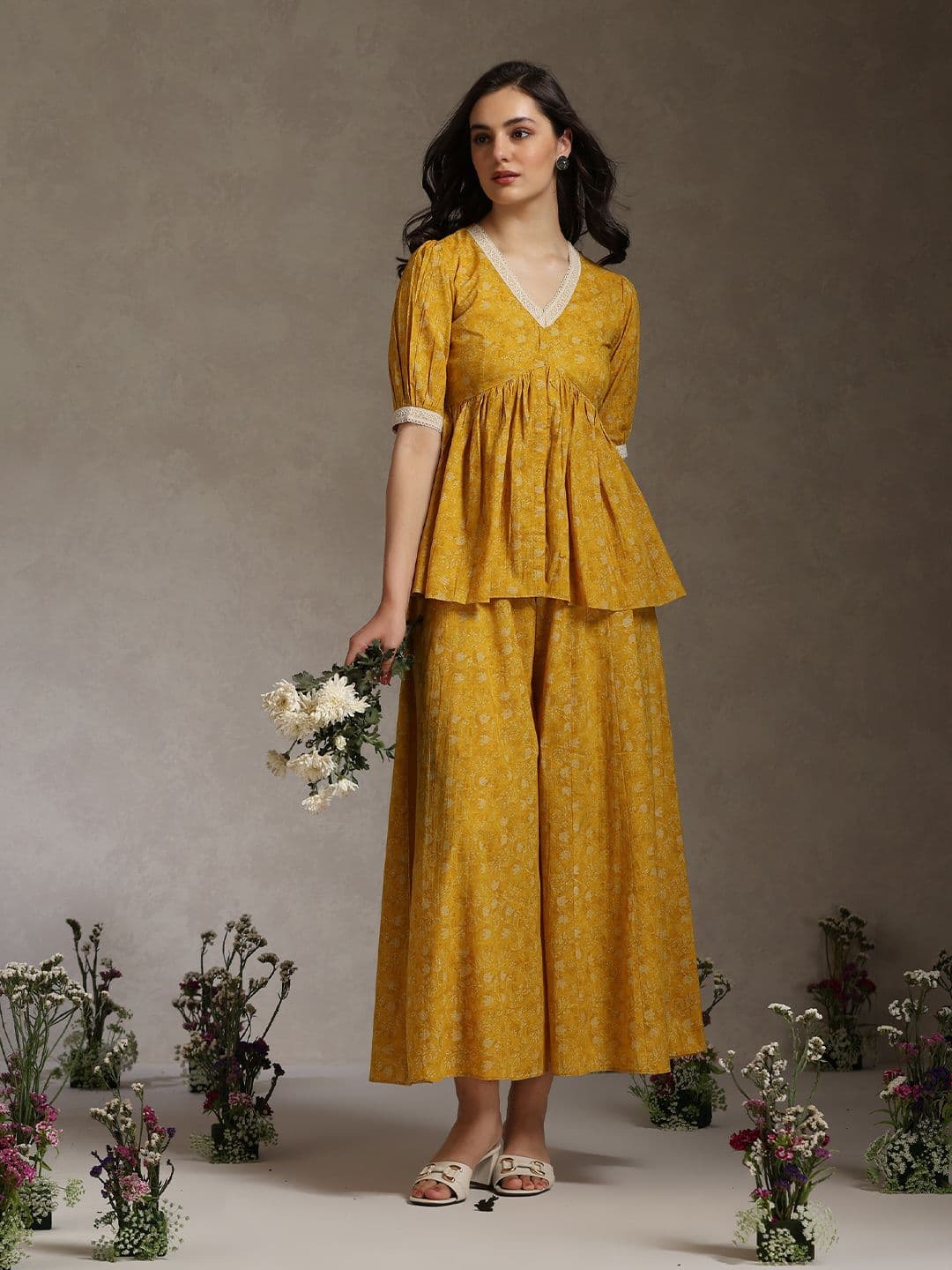 Khushal K Printed Cotton V-Neck Lace-Detailed Tunic With Palazzo Co-Ords - view 1