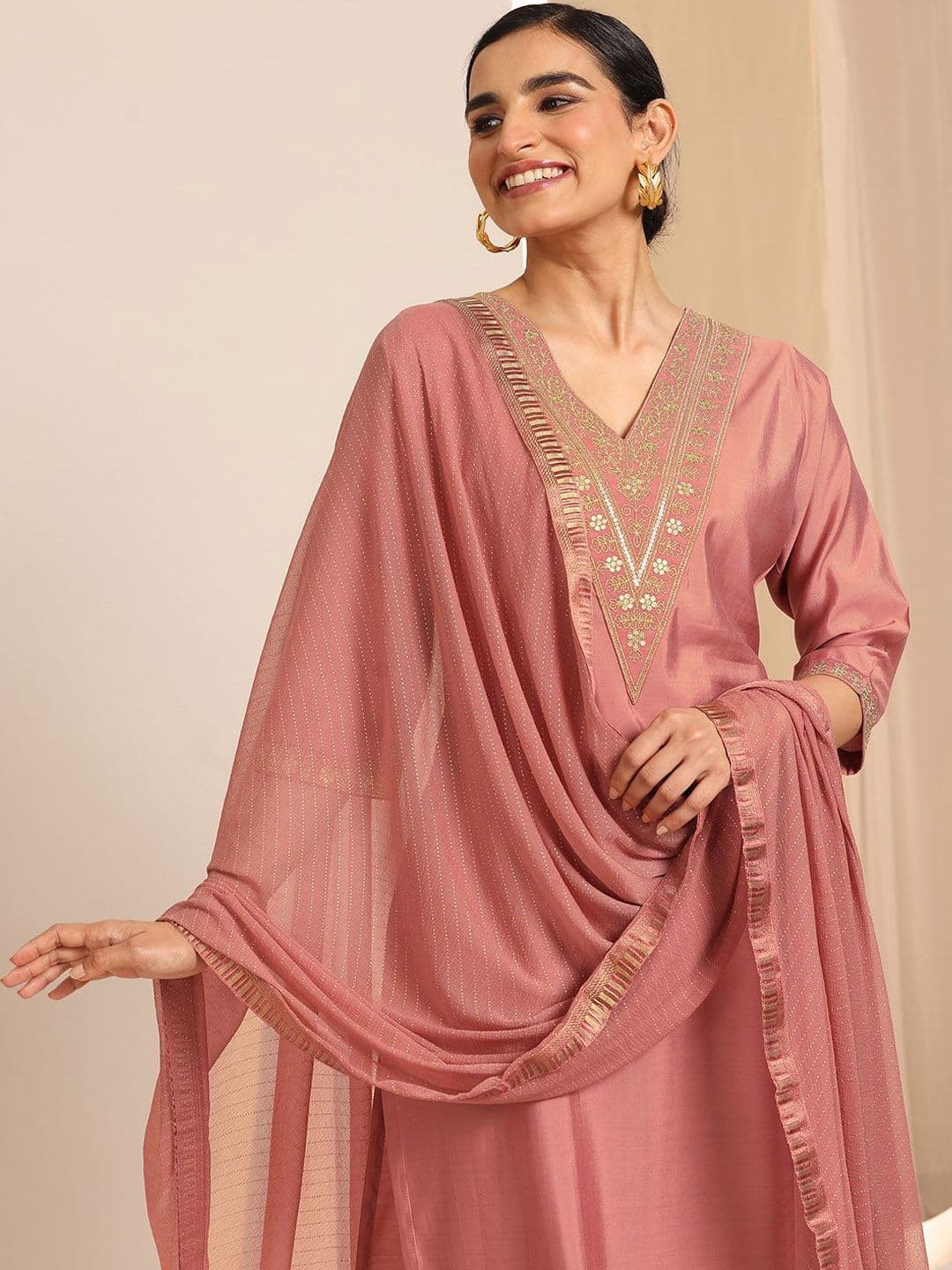 Gerua By Libas Floral Yoke Design Sequnnied Straight Kurta With Trousers & Dupatta - view 1