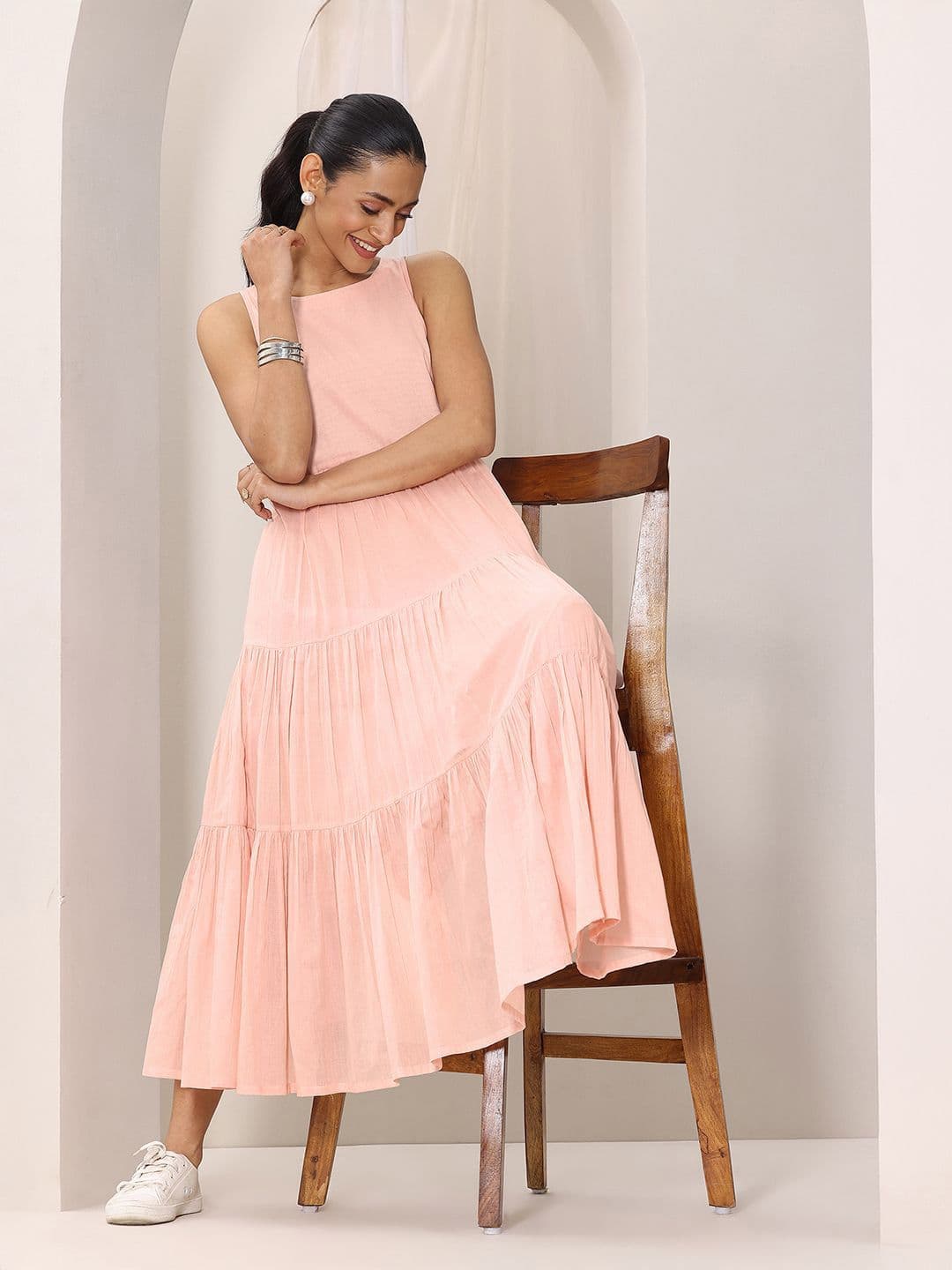 Libas Women Peach Boat Neck Fit & Flare Tiered Midi Dress - view 1