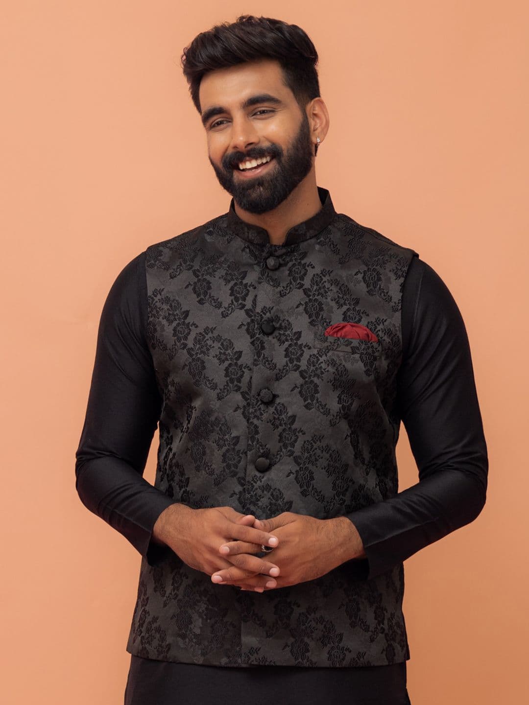 KISAH Mandarin Collar Woven Design Nehru Jacket - view 1