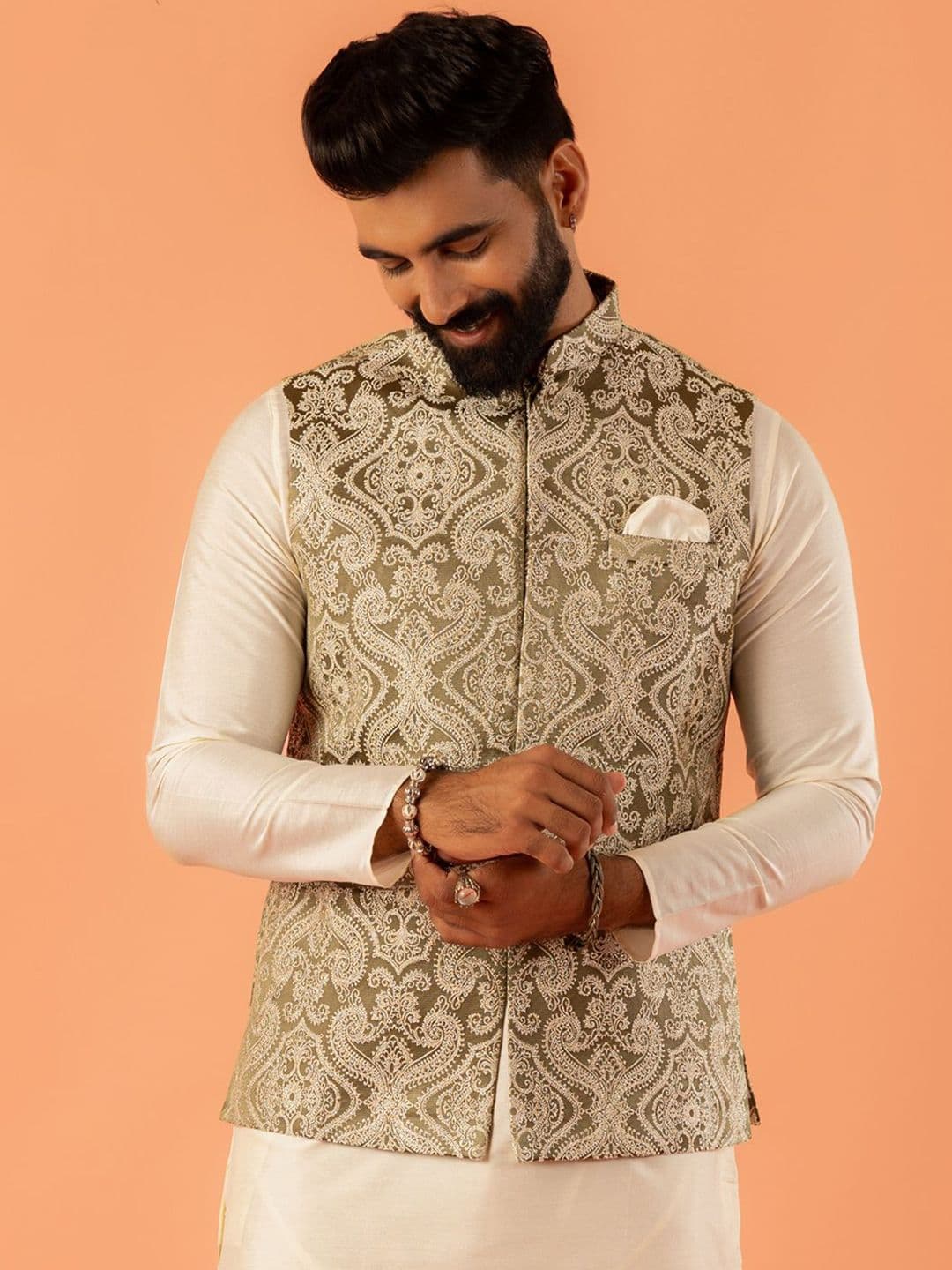 KISAH Mandarin Collar Woven Design Nehru Jacket - view 1