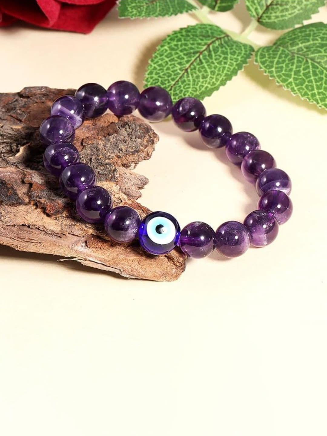 NVR Unisex Amethyst & Evil Eye Beaded Elasticated Bracelet - view 1