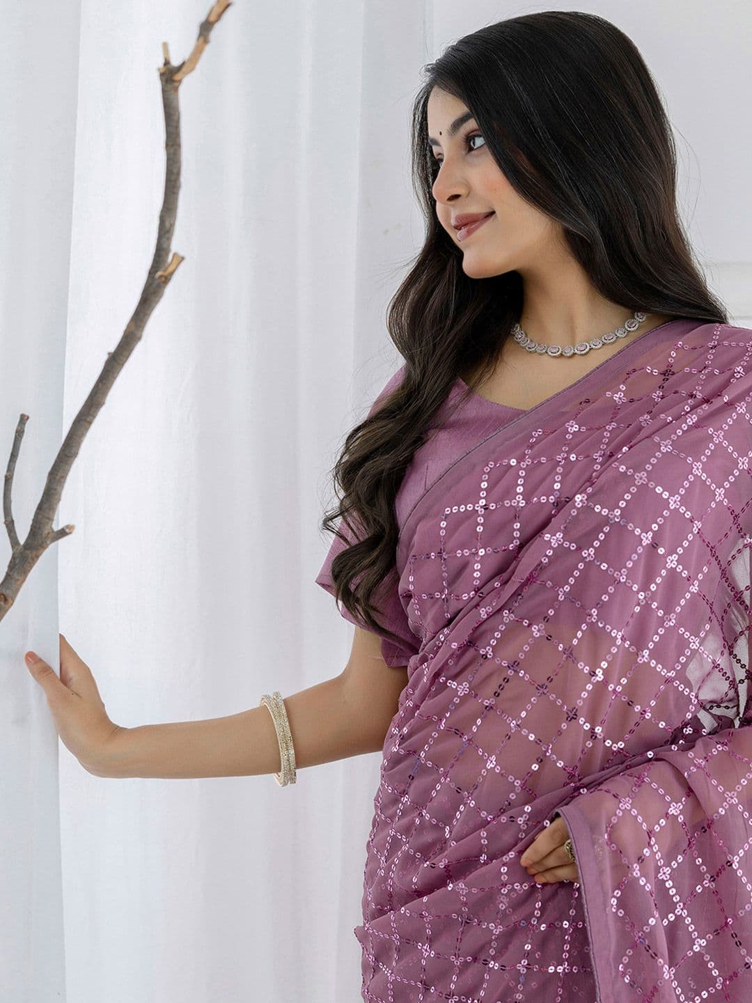 Satrani Solid Embellished Sequinned Pure Georgette Ready to Wear Saree - view 1