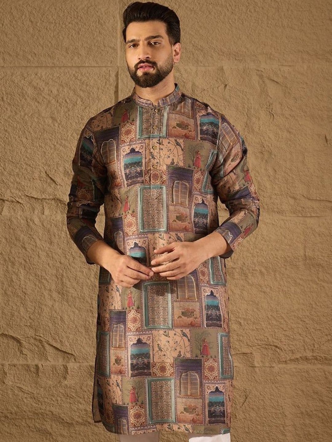 House of Pataudi Ethnic Motifs Printed Mandarin Collar Long Sleeves Straight Kurta - view 1