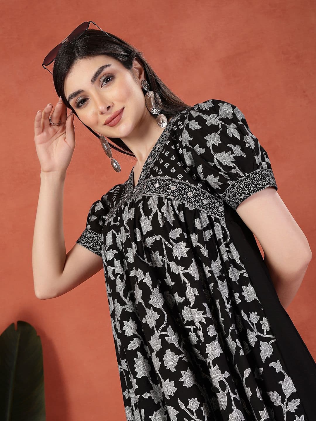 Sangria Printed Cotton V Neck Empire Ethnic Dress - view 1