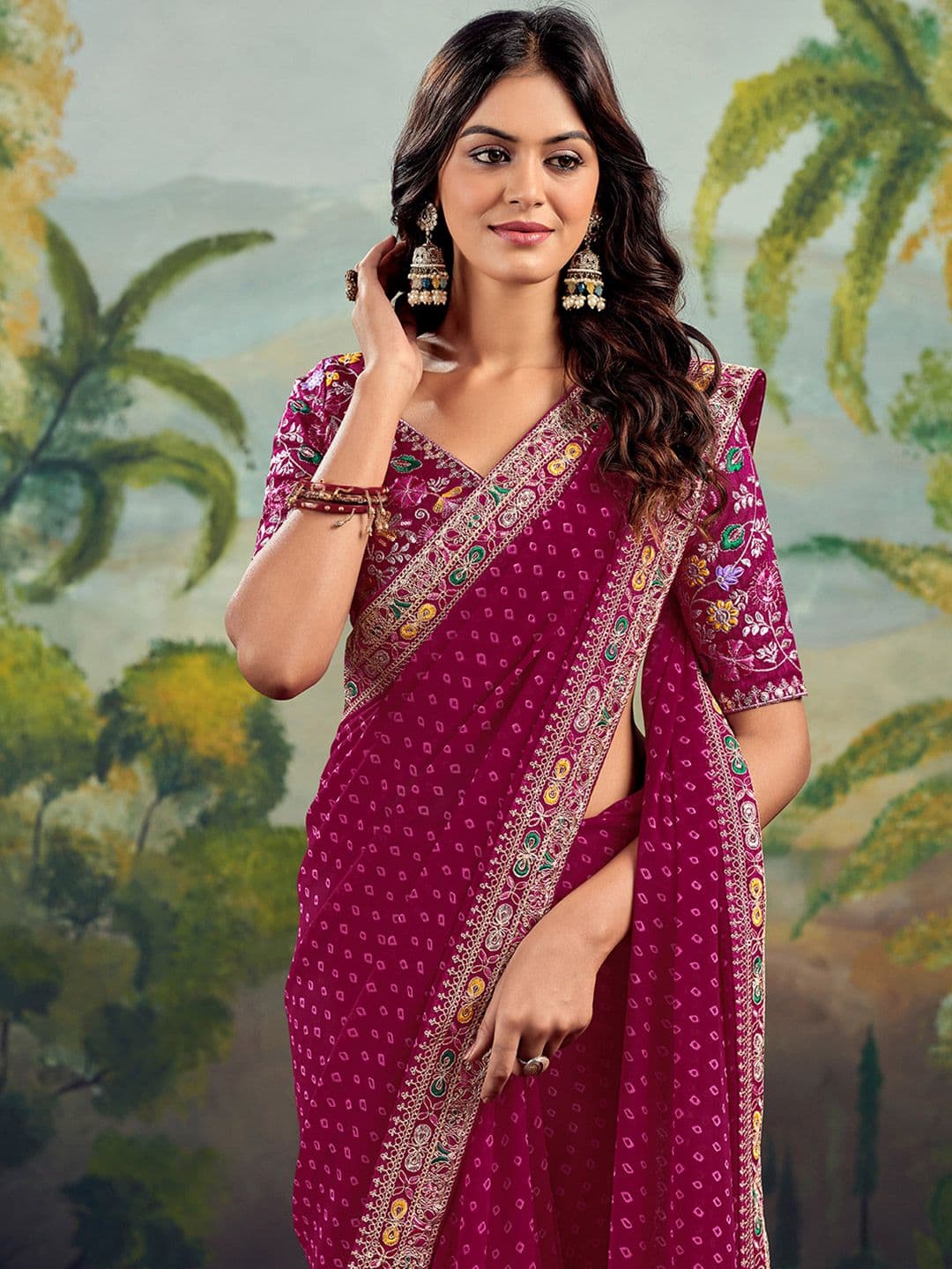Satrani Bandhani Sequinned Pure Georgette Saree - view 1