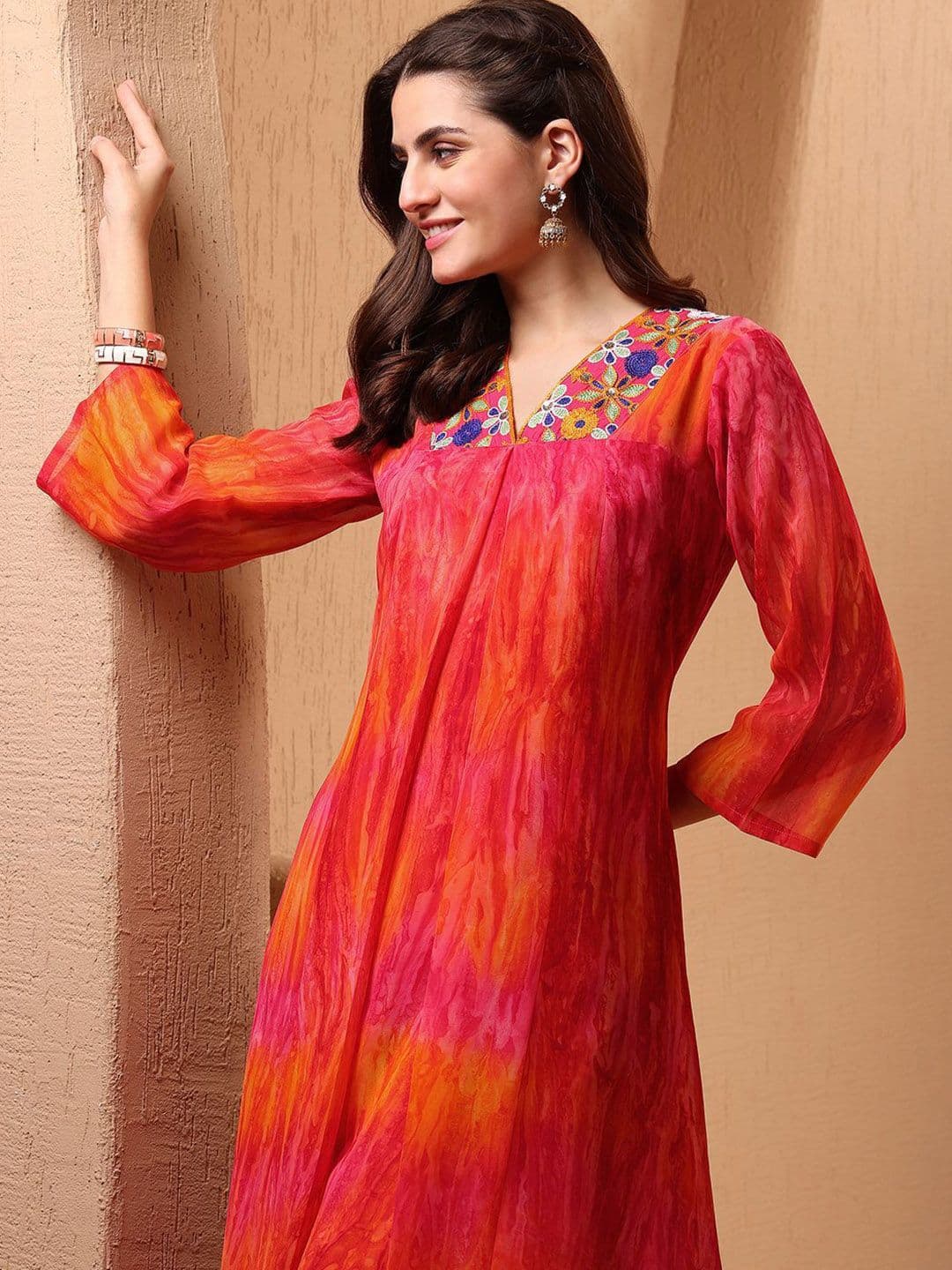Sangria Women Georgette Tie & Dye and Embroiderey A-line Flared Kurta - view 1