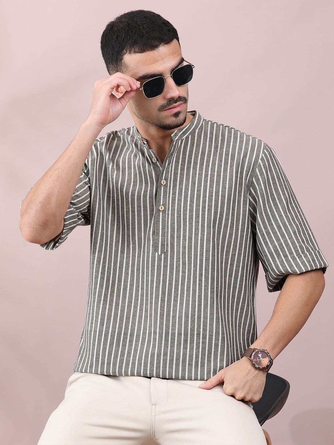 FILORI STUDIO Striped Band Collar Pure Cotton Short Kurta - view 1