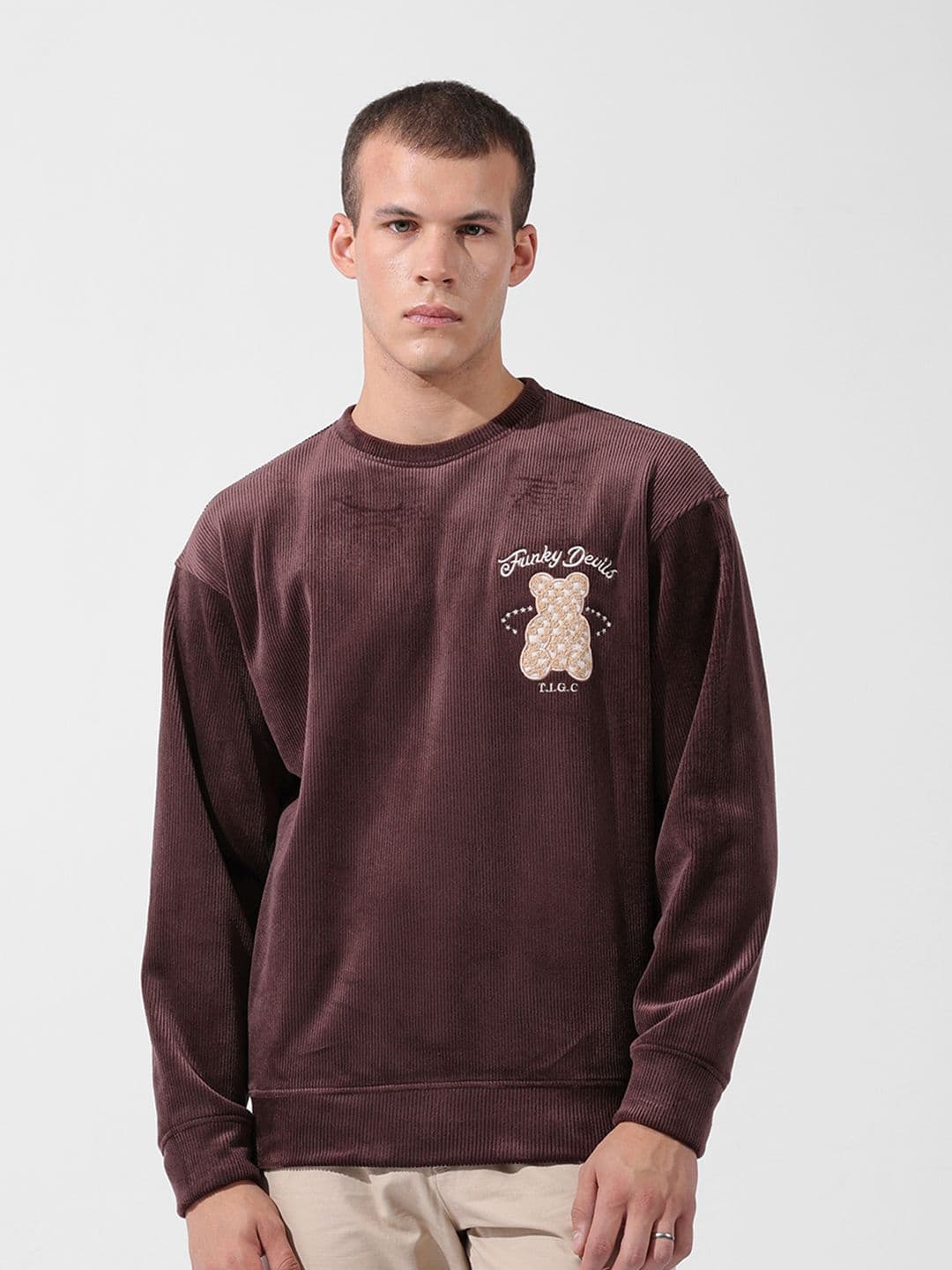 The Indian Garage Co Men Oversized Self Design Corduroy Crew Neck Sweatshirt - view 1