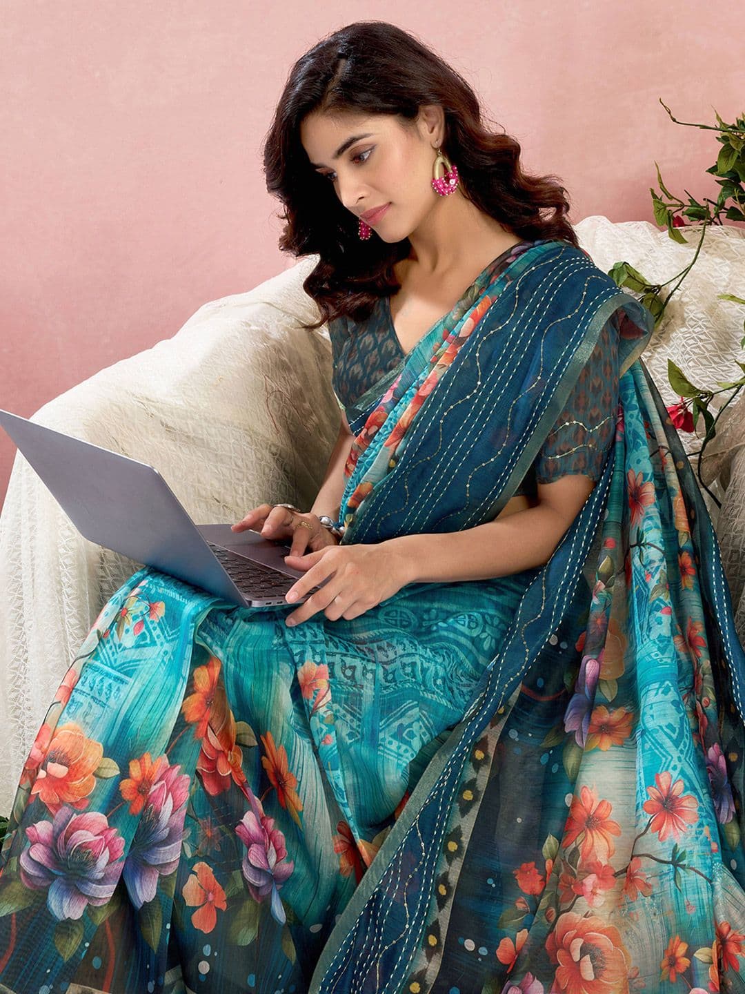 Satrani Floral Printed Sequinned Silk Blend Saree - view 1