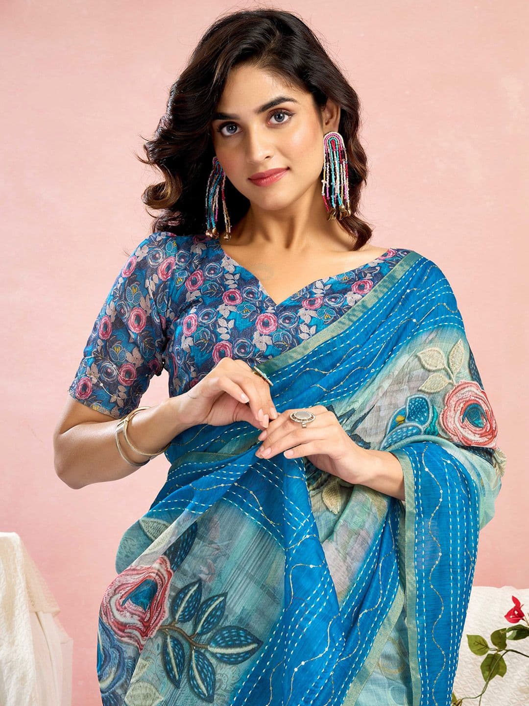 Satrani Floral Printed Sequinned Ready to Wear Saree - view 1