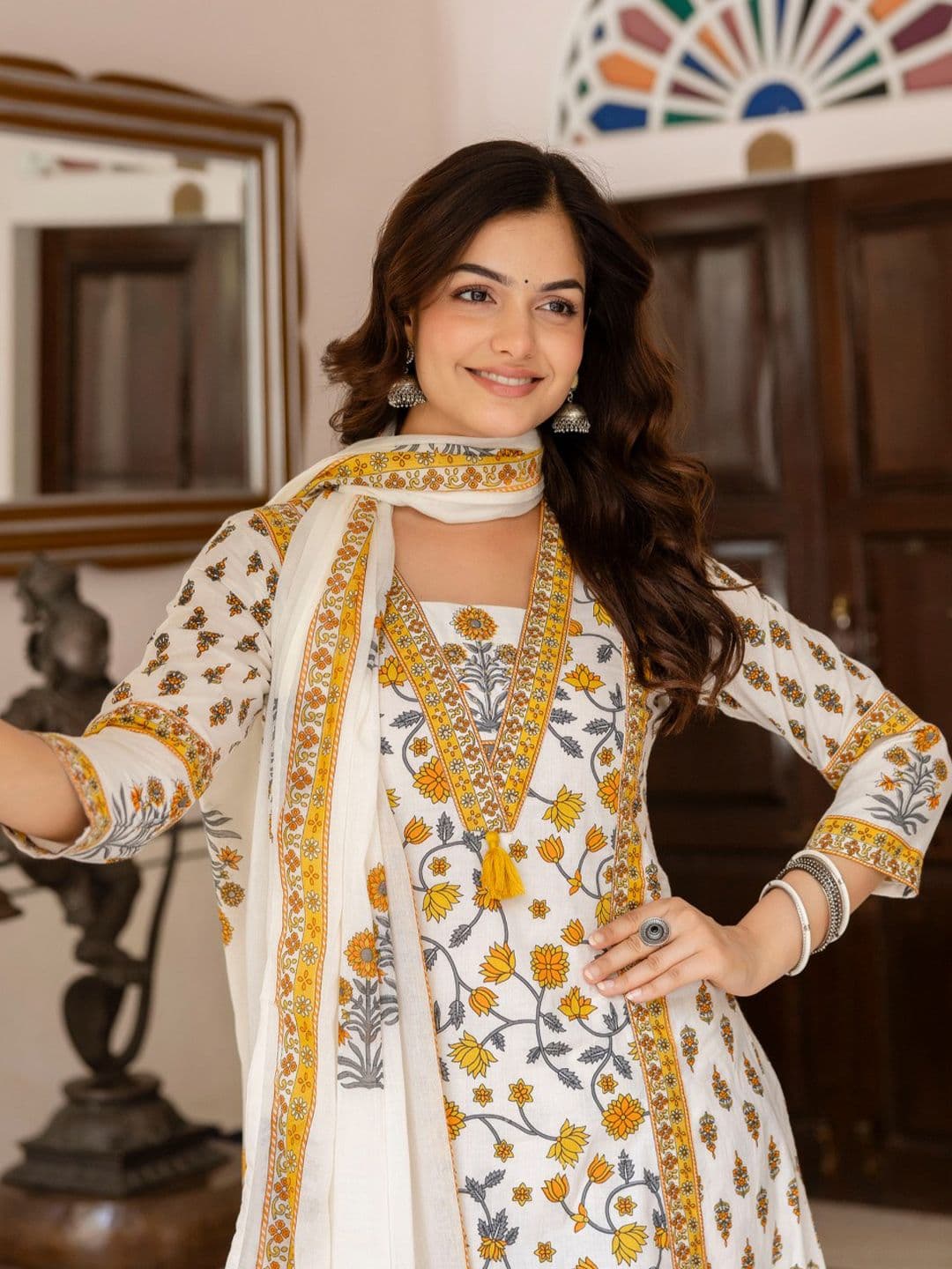 Anouk Floral Printed Bagru Pure Cotton Kurta with Palazzos & Dupatta - view 1