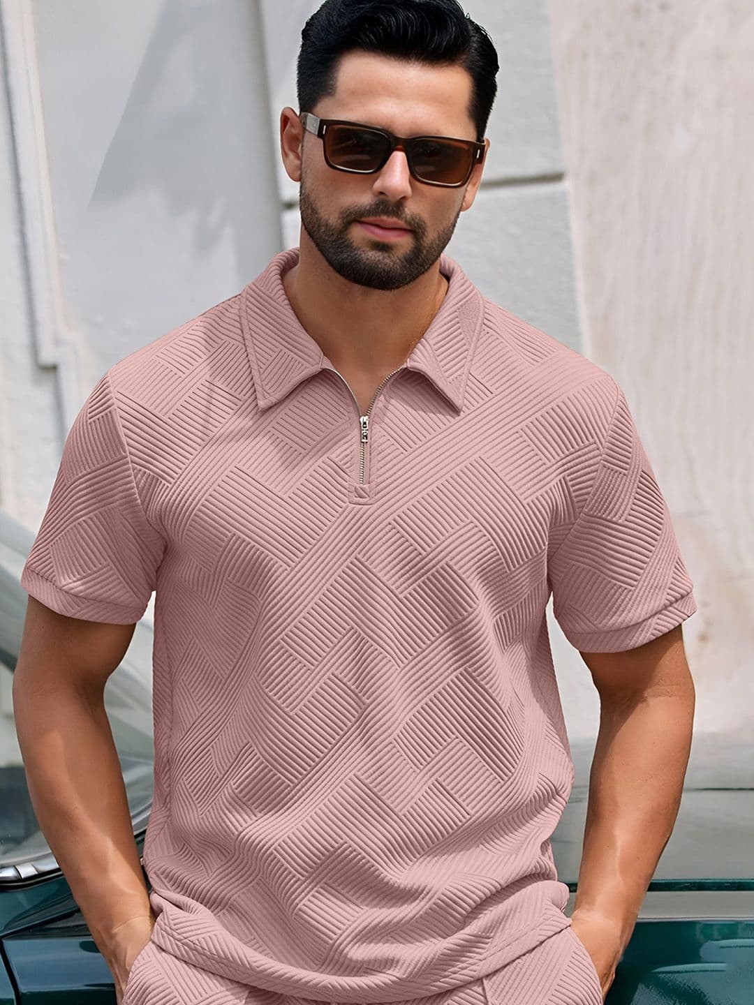 KAJARU Self Design Polo Collar Short Sleeves Regular Fit Casual T-Shirt - view 1